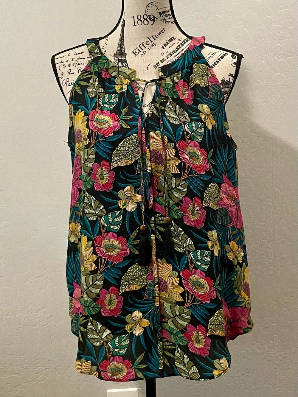 Rose & Olive Black Floral Halter Tie-Neck Camisole with Pink & Yellow Blooms